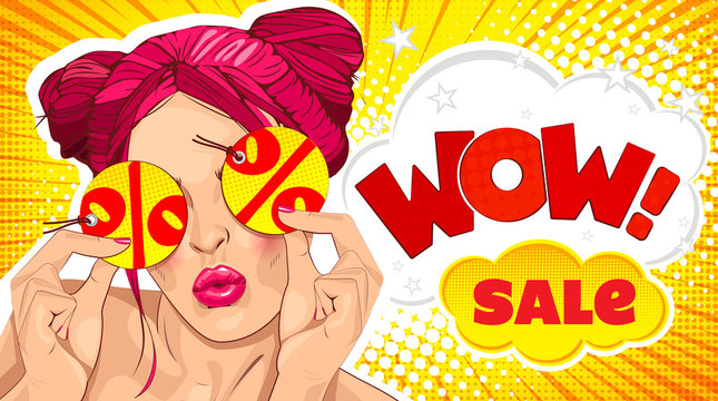 Wow female face. Sexy surprised young woman with pink hair. Vector bright background in pop art retro comic style. Beautiful pink lips. Label, label or price tag in hands. 