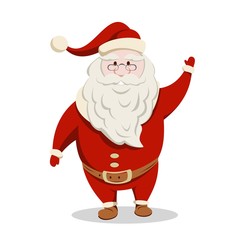 Funny cartoon Santa Claus in red suit with big white beard isolated on white background. Christmas illustration.