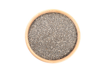 Chia seeds in wooden bowl isolated on white background