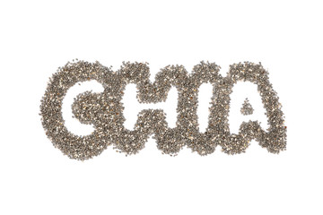 Word Chia layout of chia seeds, isolated on white background
