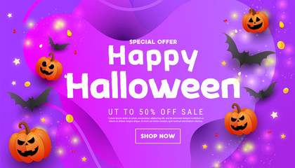 Creative happy halloween sale promotion banner with scary faces pumpkins, bats on an orange blue background. Halloween website sale banner, poster or card template.