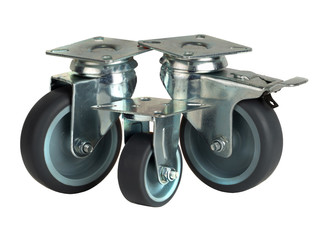 Wheels made of polyamide and gray rubber in a metal bracket isolated on a white background