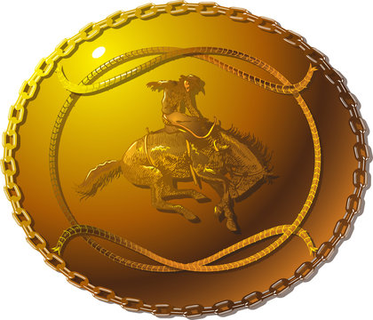 vector image of a belt buckle with a picture of a cowboy on a horse in real style