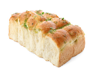 Buns of bread with garlic and herbs on white background