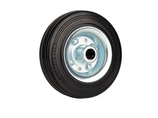 Steel industrial wheel with rubber tire and roller bearing