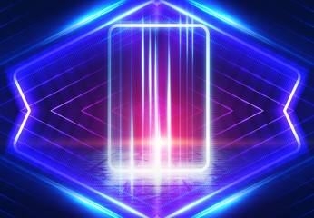 Fototapeta premium Empty background scene. Dark street reflection on wet asphalt. Rays of neon light in the dark, neon shapes, smoke. Background of an empty stage show. Abstract dark background.