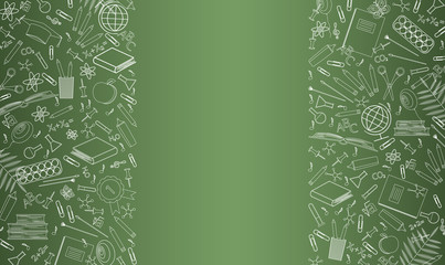 Banner template with school objects. Card, poster for the Day of Knowledge, September 1, sale, teachers day. Flat cartoon icons. Illustration of a green school board with study symbols. Chalk drawing