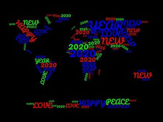 World map in typography word cloud concept, HAPPY NEW YEAR 2020.