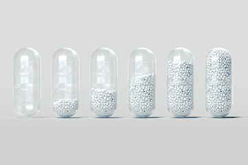 Close up of transparent pills medicine on light background, 3d rendering.