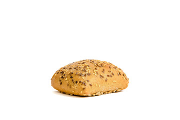 Fresh roll isolated on a white background. The concept of baking bread, eating meals with rolls, bread. Product made of wheat and rye flour, bread preparation.