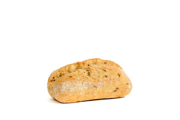 Fresh roll isolated on a white background. The concept of baking bread, eating meals with rolls, bread. Product made of wheat and rye flour, bread preparation.