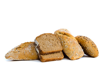 Various breads isolated on a white background. The concept of baking bread, eating meals with rolls, bread. Product made of wheat and rye flour, bread preparation.
