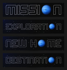 Set of horizontal banners with planet Neptune in outer space. Space background with eighth planet of solar system. Cards for design with realistic blue sphere in galaxy. Celestial object for website