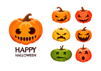 Set of Halloween pumpkins with scary face. Isolated on white background. Jack O'Lantern vector characters.