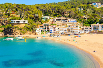 View of Sa Riera beach and fishing village in background, Costa Brava, Catalonia, Spain