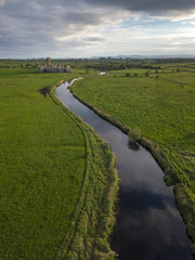 Ross Errilly Friary aerial view with river in the foreground. Co. Galway, Ireland. April, 2019