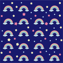 Flat design, cartoon rainbow with stars, seamless pattern on blue background