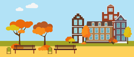Autumn park with benches, trees and buildings in the city. Vector landscape illustration.