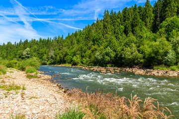 Fototapeta na wymiar Green hills along Dunajec river on sunny summer day, Pieniny Mountains, Poland