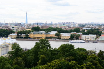 Landscape view of the city of Saint Petersburg, Russia seen from the St. Isaac cathedral. The river Neva  and a new tall skyscreaper charachterise the view