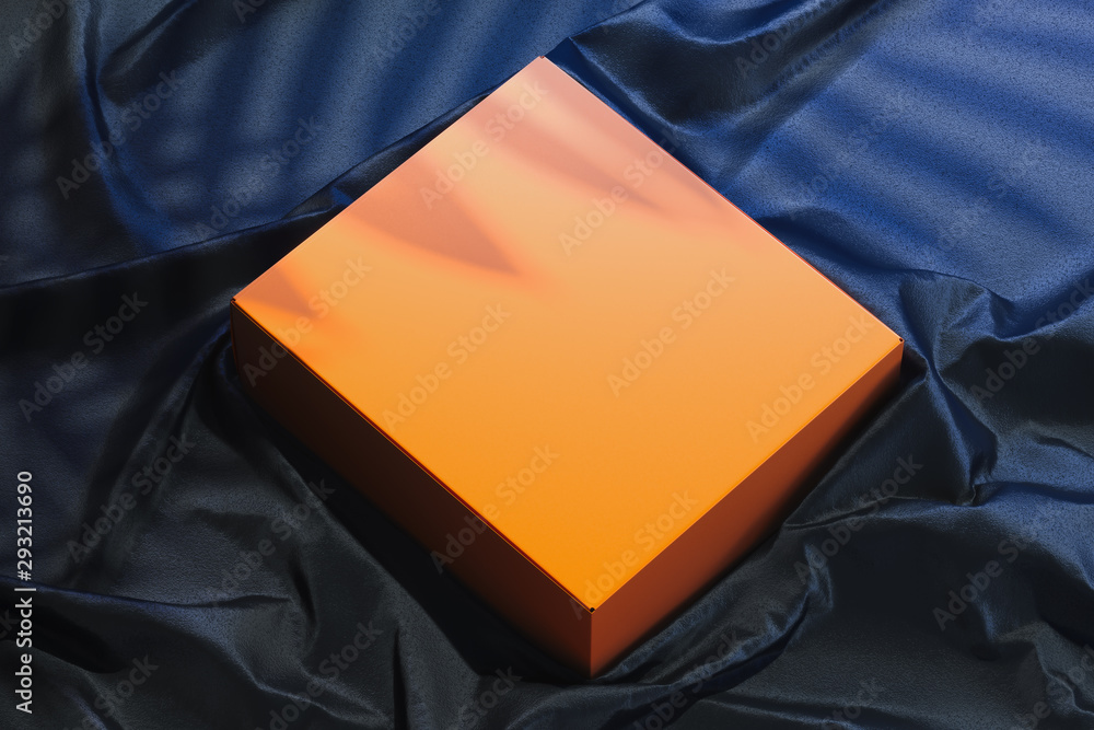 Poster close up of orange blank box on dark tissue. copy space. empty space. 3d rendering.