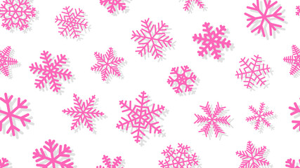 Christmas background of snowflakes of different shapes and sizes with shadows. Pink on white