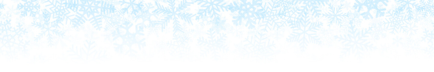 Fototapeta na wymiar Christmas horizontal seamless banner or background of many layers of snowflakes of different shapes, sizes and transparency. Gradient from light blue to white