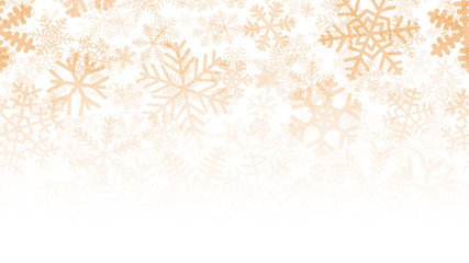 Christmas background of many layers of snowflakes of different shapes, sizes and transparency. Gradient from yellow to white