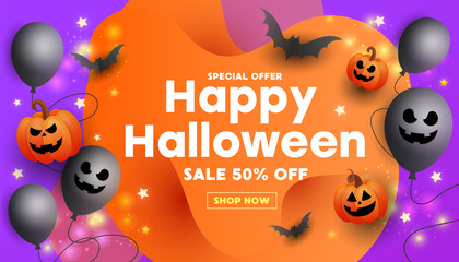Halloween sale template poster with scary face pumpkins, bats and a ghostly balloon on orange purple background for banner, poster, voucher, offer, coupon, holiday sale.
