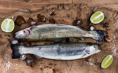 Raw trout on the table with a slice of lemon, salt and spices.