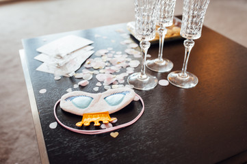 Table set for bachelorette party with glasses of champagne