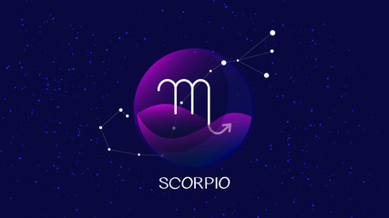 Scorpio sign, zodiac background. Beautiful and simple illustration of night, starry sky with scorpio zodiac constellation behind glass sphere with encapsulated scorpio sign and constellation name. 