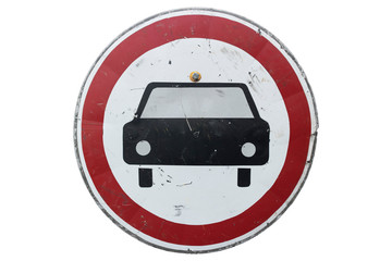 Round road sign 'No motor vehicles' isolated on white.