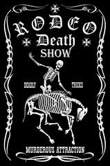vector image of cowboy skeleton on horse skeleton in rodeo poster style cartoon graphics © Rezz