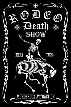 vector image of cowboy skeleton on horse skeleton in rodeo poster style cartoon graphics