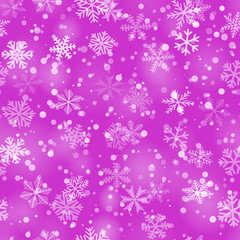Christmas seamless pattern of snowflakes of different shapes, sizes and transparency in purple colors