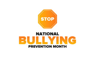 National Bullying Prevention Month in October. Stop bullying. Annual nationwide campaign to keep all youth safe from bullying. Orange color. Poster, card, banner, background. Vector illustration
