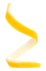 Vertical image of fresh lemon peel on a white background. Lemon twist.