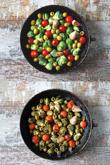 Before and after cooking. Baked Brussels sprouts in a pan with cherry tomatoes, garlic and olives. Vegan food. Diet concept. Autumn food.