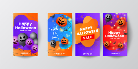 Halloween sale template story banners with scary face pumpkins, bats and a ghostly balloon on orange purple background.