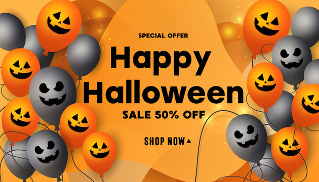 Modern happy halloween sale promotion banner with scary faces pumpkins, scary face air balloons and bats. Halloween website sale banner, poster or card template.