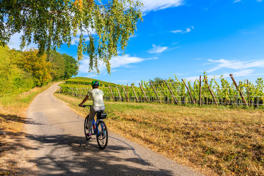 Young woman cyclist riding along Alsatian Wine Route near Riquewihr village, France