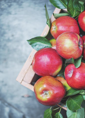 Red apple with leaves in wooden box closeup