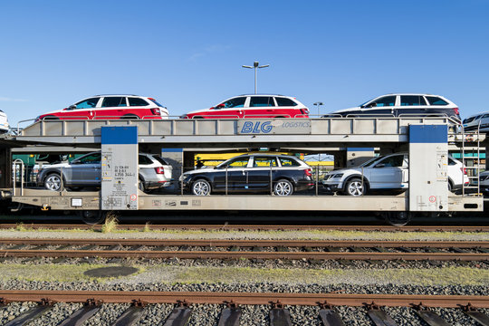 CUXHAVEN, GERMANY - November 6, 2017: autorack with new Skoda cars for export to Scandinavia at BLG Logistics seaport terminal.