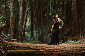 Fototapeta na wymiar Asian tattooed woman in black evening dress poses on a fallen redwood tree in the forest