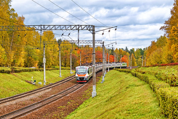 golden autumn landscape with commuter train moving along railway track against scenic red yellow orange green colors of fall nature wide view of natural color of rural scenery in moscow city russia