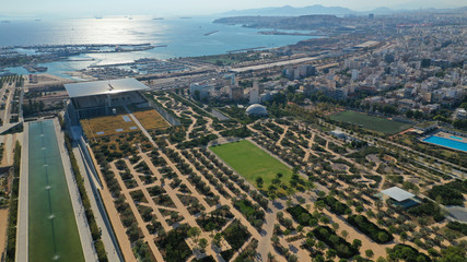 Aerial photo of famous seaside tourist area of Faliro or Phaliro in Athens riviera near Stavros Niarhos Cultural centre, Attica, Greece