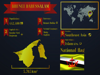 Brunei statistic data visualization, travel, tourism destination infographic, information. Graphic vector illustration. National flag, europe country silhouette, world map icon business element