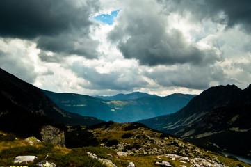 High-altitude landscape with glacier lakes from the Retezat Peak of the Carpathian Mountains  