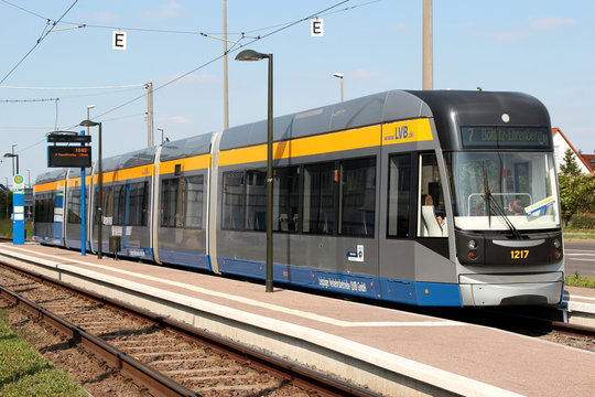 LEIPZIG, GERMANY - September 4, 2012: Leipzig tram at holding point Sommerfeld. With its 13 lines, route length of 148.3 km and 510 tram stops, the network is currently the second biggest in Germany.